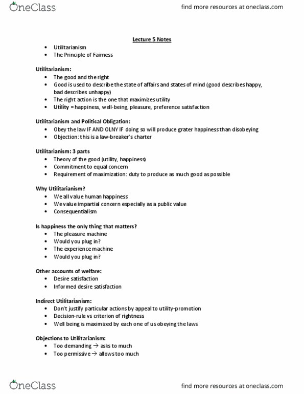 Political Science 1020E Lecture Notes - Lecture 5: Experience Machine, Grater, Consequentialism thumbnail