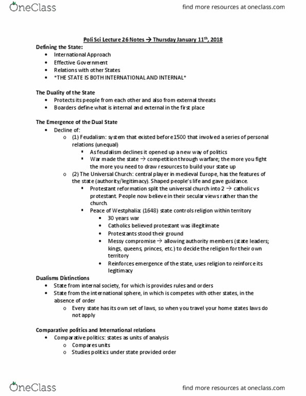 Political Science 1020E Lecture Notes - Lecture 26: Comparative Politics, Protestantism, Dualism thumbnail