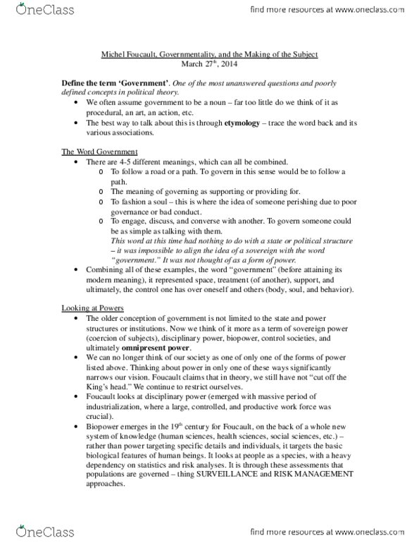 Political Science 2237E Lecture Notes - Governmentality, Biopower thumbnail