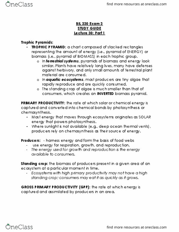 BIL 330 Lecture Notes - Lecture 30: Ecological Pyramid, Chemosynthesis, Primary Production thumbnail