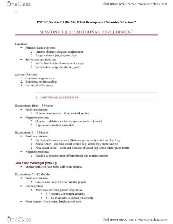 PSY 302 Lecture 7: PSY 302 - Lecture 7 Emotional Development & Attachement.docx thumbnail