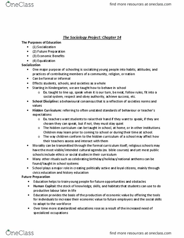 Sociology 1020 Chapter Notes - Chapter 14: The Hidden Curriculum, Hidden Curriculum, Homeschooling thumbnail