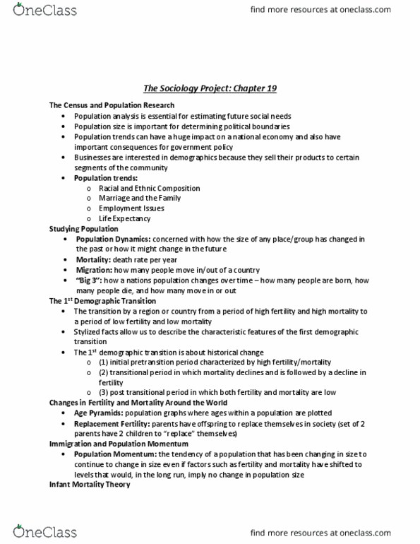 Sociology 1020 Chapter Notes - Chapter 19: Demographic Transition, Infant Mortality, Population Ageing thumbnail