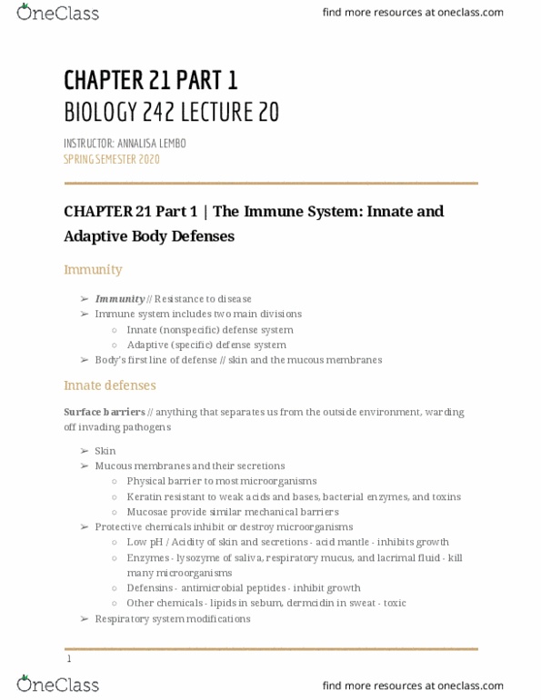 BIOL-242 Lecture Notes - Lecture 20: Mucous Membrane, Immune System, Sebaceous Gland thumbnail