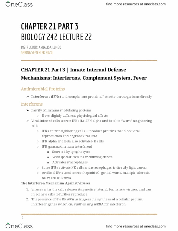 BIOL-242 Lecture Notes - Lecture 22: Hairy Cell Leukemia, Interferon Gamma, Genital Wart thumbnail