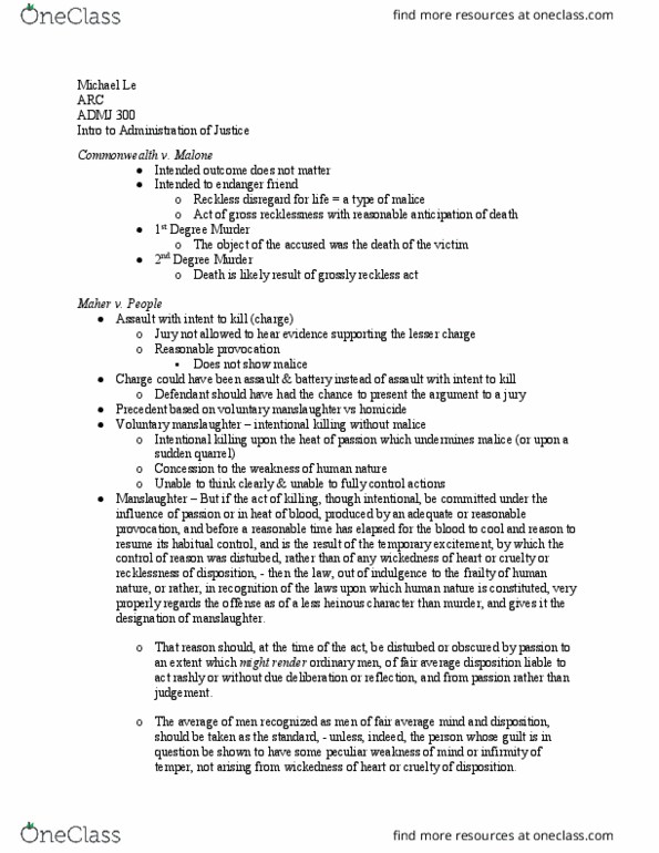 ADMJ 300 Lecture Notes - Lecture 5: Voluntary Manslaughter, Endangerment, Homicide thumbnail