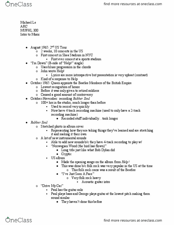 MUFHL 300 Lecture Notes - Lecture 8: Drive My Car, Folk Rock, Day Tripper thumbnail