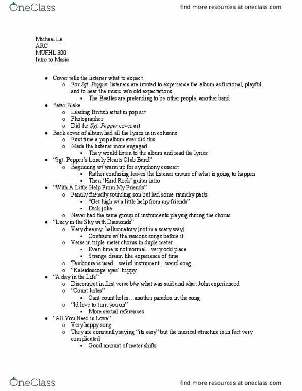 MUFHL 300 Lecture Notes - Lecture 10: Duple And Quadruple Metre, Dick Joke, Pop Art thumbnail