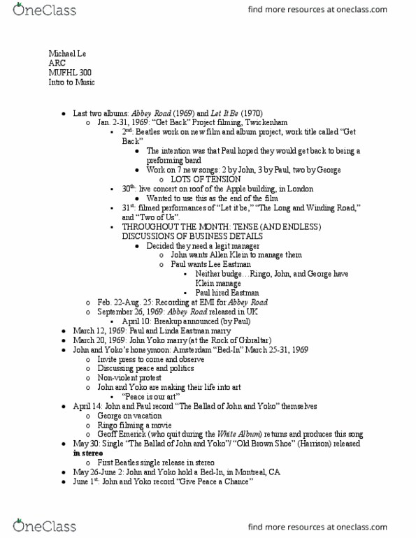 MUFHL 300 Lecture Notes - Lecture 12: Overdubbing, Geoff Emerick, Lee Eastman thumbnail