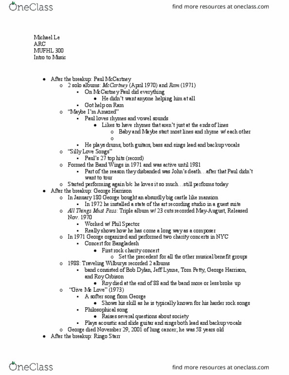 MUFHL 300 Lecture Notes - Lecture 14: Roy Orbison, Ringo Starr, Jeff Lynne thumbnail