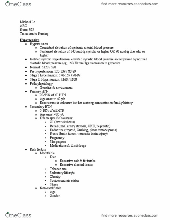 NURSE 305 Lecture Notes - Lecture 8: Systolic Hypertension, Renal Artery Stenosis, Traumatic Brain Injury thumbnail