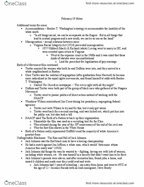 HIST 106 Lecture Notes - Lecture 3: Racial Integrity Act Of 1924, Miscegenation thumbnail