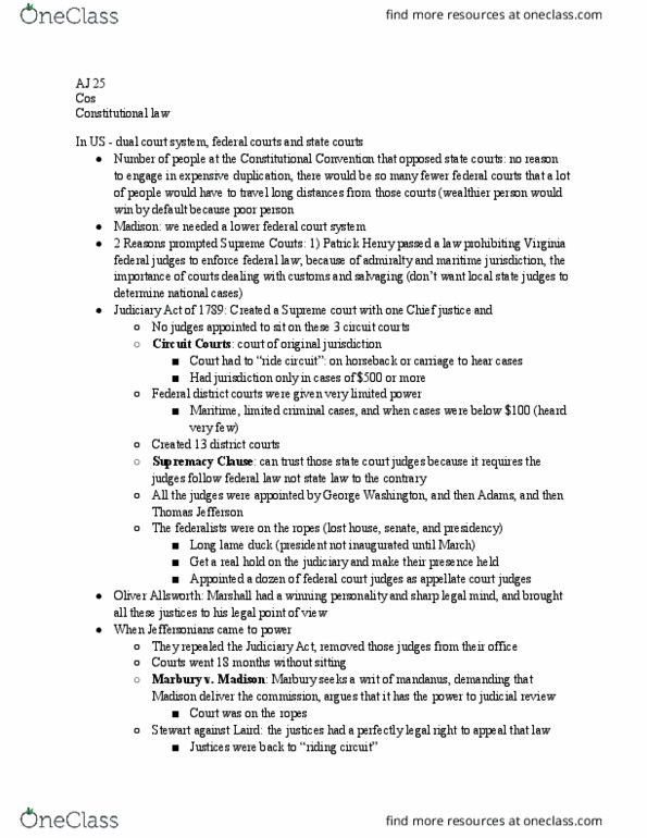 AJ 025 Lecture Notes - Lecture 2: Supremacy Clause, Commerce Clause, Statutory Interpretation thumbnail