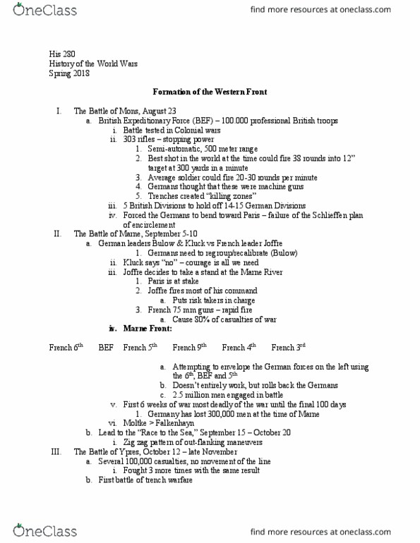 HIS280 Lecture Notes - Lecture 6: British Expeditionary Force (World War I), Takers, Confirmed Dead thumbnail