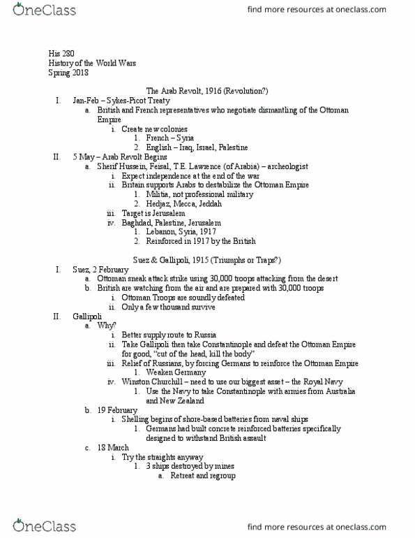 HIS280 Lecture Notes - Lecture 9: French Mandate For Syria And The Lebanon, Faisal I Of Iraq thumbnail