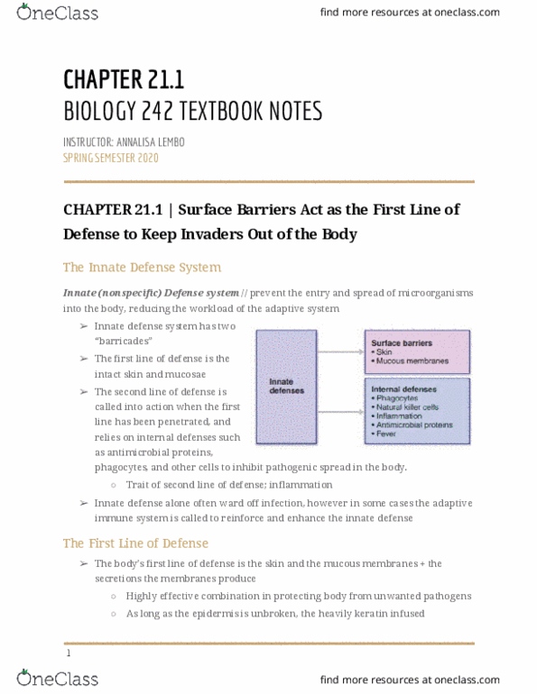 BIOL-242 Chapter Notes - Chapter 21: Adaptive Immune System, Mucin, Defensin thumbnail