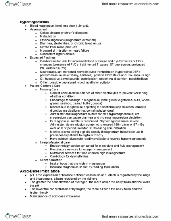 NUR 372 Lecture Notes - Lecture 13: Ileus, Calcium Gluconate, Hypomagnesemia thumbnail