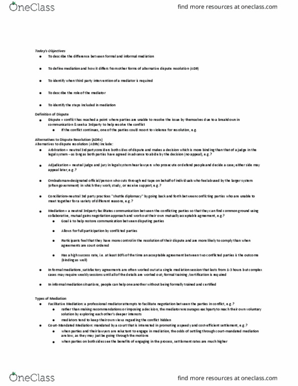 JUST*3010 Lecture Notes - Lecture 9: Alternative Dispute Resolution, Shuttle Diplomacy, Videotelephony thumbnail