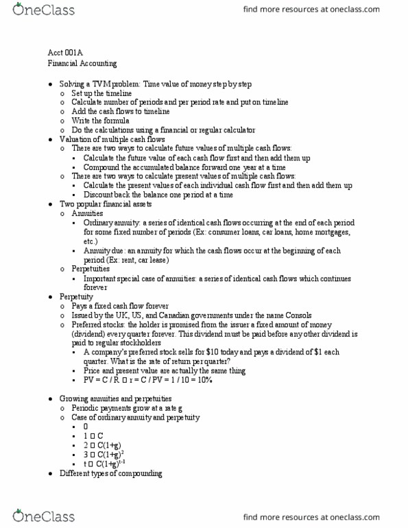 ACCT 001A Lecture Notes - Lecture 7: Cash Flow, Preferred Stock, Compound Interest thumbnail