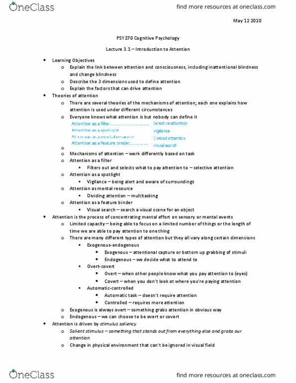 PSY270H5 Lecture Notes - Lecture 3: Inattentional Blindness, Visual Search, Change Blindness thumbnail