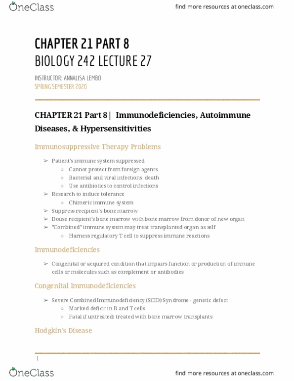 BIOL-242 Lecture Notes - Lecture 27: Severe Combined Immunodeficiency, Regulatory T Cell, Immunodeficiency thumbnail