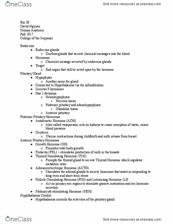 BIOL 030 Lecture Notes - Lecture 9: Pituitary Gland, Thyroid, Prolactin thumbnail