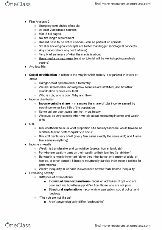 SA 150 Lecture Notes - Lecture 8: Gini Coefficient, Social Stratification, Income Distribution thumbnail