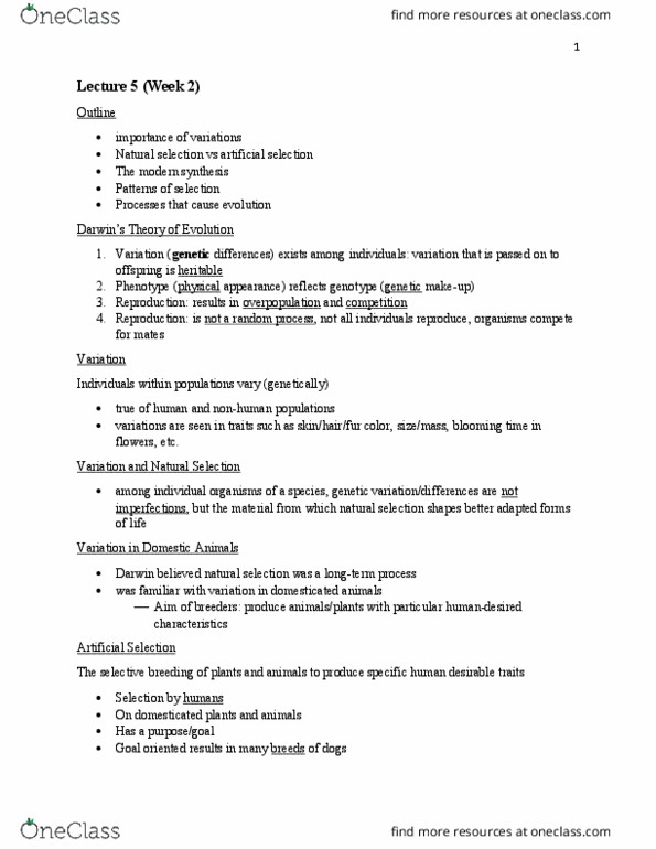 BIO201H5 Lecture Notes - Lecture 5: Selective Breeding, Natural Selection, Allele thumbnail