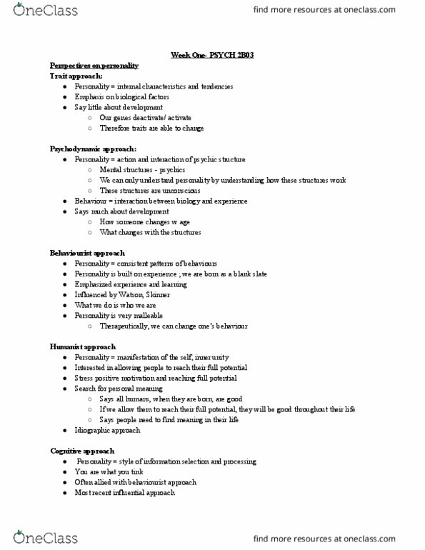 PSYCH 2B03 Lecture Notes - Lecture 1: Tabula Rasa, Behaviorism, David Buss thumbnail