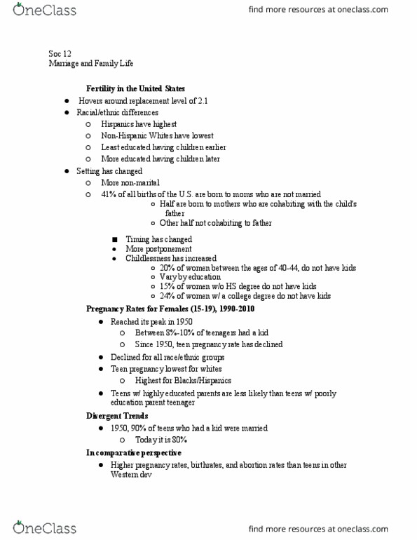 SOC 12 Lecture Notes - Lecture 10: Pregnancy Rate, Childlessness thumbnail