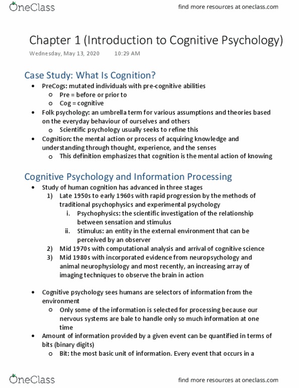 PSY270H1 Chapter Notes - Chapter 1: Precognition, Folk Psychology, Psychophysics thumbnail