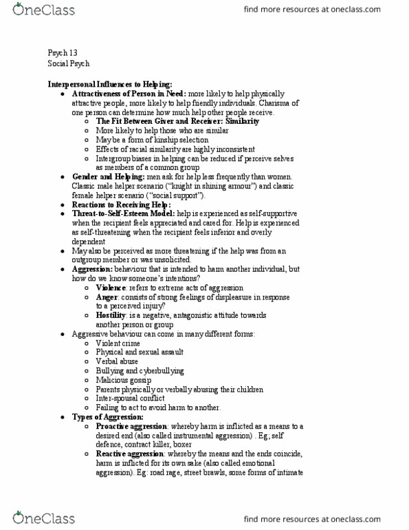 PSYCH 13 Lecture Notes - Lecture 14: Gossip, Road Rage, Contract Killing thumbnail