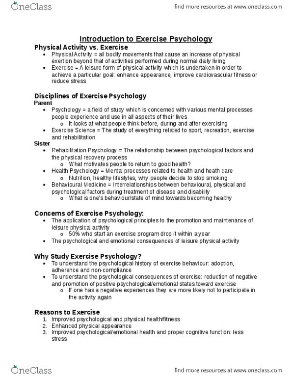 Kinesiology 2276F/G Lecture Notes - Cardiovascular Disease, Body Image, Neuroticism thumbnail