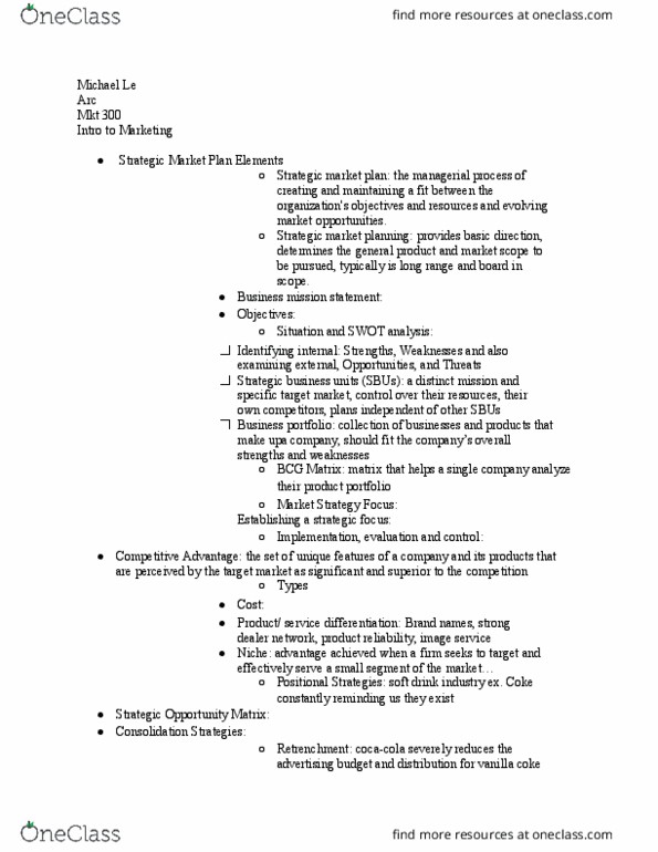 MKT 300 Lecture Notes - Lecture 4: Swot Analysis, Marketing Plan, Business Plan thumbnail