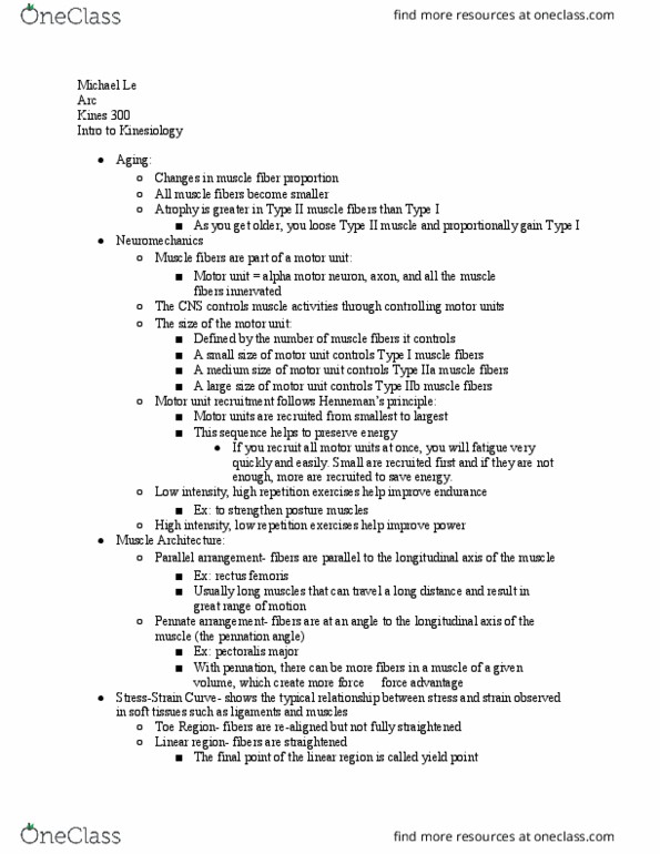 KINES 300 Lecture Notes - Lecture 15: Rectus Femoris Muscle, Alpha Motor Neuron, Myocyte thumbnail