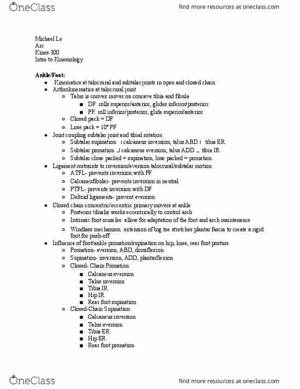 KINES 300 Lecture Notes - Lecture 21: Subtalar Joint, Plantar Fascia, Calcaneus thumbnail