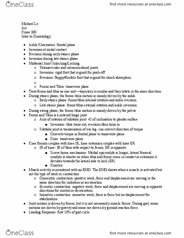 KINES 300 Lecture Notes - Lecture 25: Lateral Condyle Of Femur, Subtalar Joint, Ground Reaction Force thumbnail