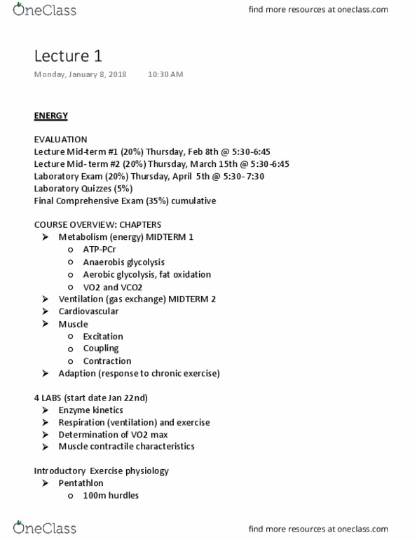 Psychology 2036A/B Lecture Notes - Lecture 1: Enzyme Kinetics, Exercise Physiology, Muscle Contraction thumbnail