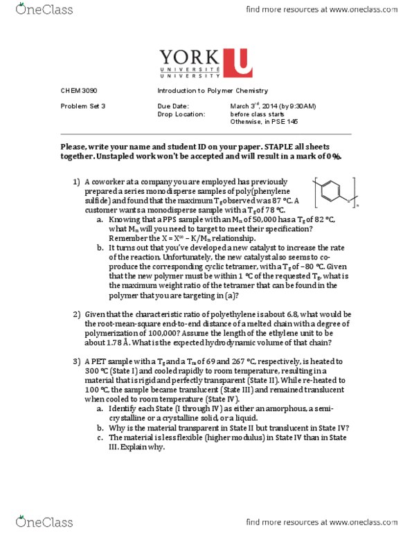 CHEM 3090 Lecture Notes - Dispersity, Due Date, Nylon 66 thumbnail