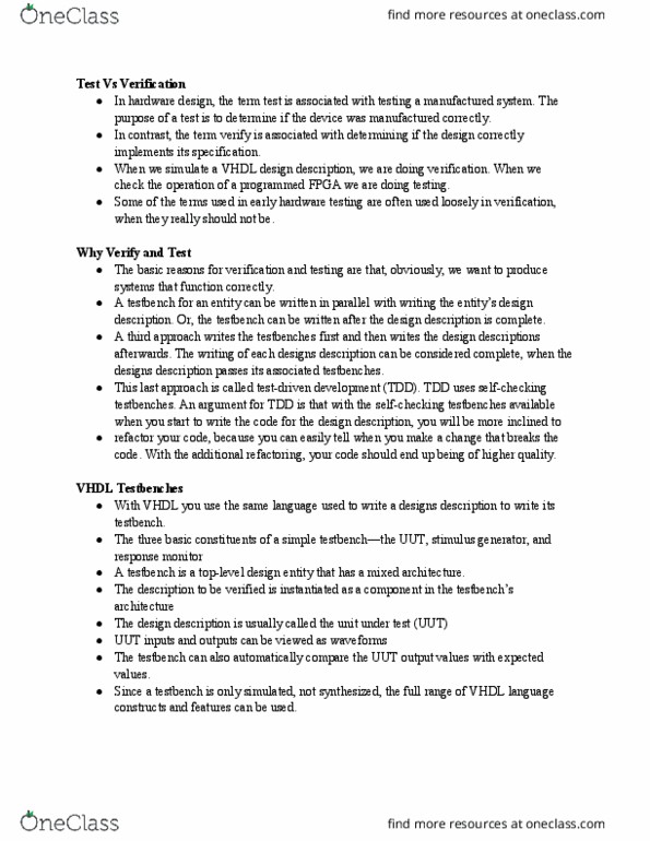 ESE 382 Lecture Notes - Lecture 7: Vhdl, Field-Programmable Gate Array, Functional Verification thumbnail