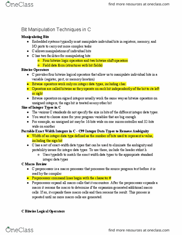 ESE 381 Lecture Notes - Lecture 2: Bitwise Operation, C Preprocessor, C Data Types thumbnail