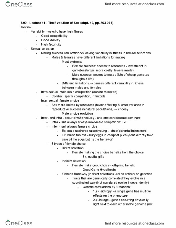 BIO 370 Lecture Notes - Lecture 11: Fisherian Runaway, Sperm Competition, Pleiotropy thumbnail