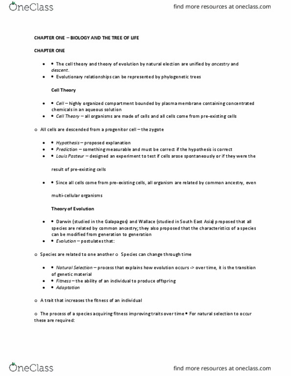 BIOLOGY 1M03 Chapter Notes - Chapter 1: Louis Pasteur, Phylogenetic Tree, Progenitor Cell thumbnail