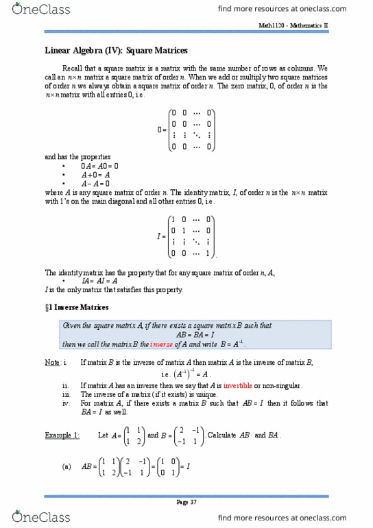 MATH1120 Lecture Notes - Lecture 4: Invertible Matrix, Identity Matrix, Main Diagonal thumbnail