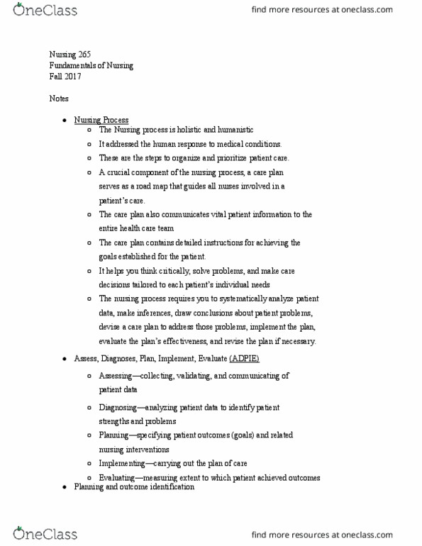 NURSING 265 Lecture Notes - Lecture 1: Nursing Process thumbnail