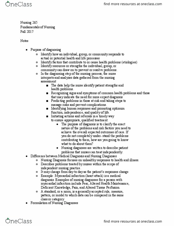 NURSING 265 Lecture Notes - Lecture 2: Nursing Diagnosis, Nursing Assessment, Nursing Process thumbnail