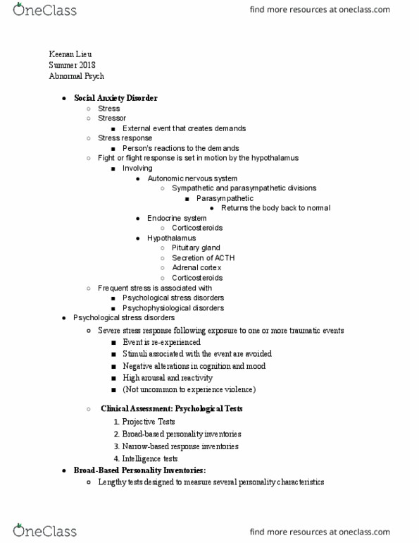 PSY-35 Lecture Notes - Lecture 7: Social Anxiety Disorder, Autonomic Nervous System, Adrenal Cortex thumbnail