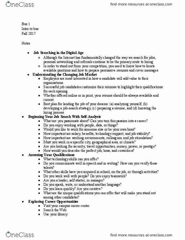 BUS 1 Lecture Notes - Lecture 4: Tyne And Wear Passenger Transport Executive, Linkedin, Careerbuilder thumbnail