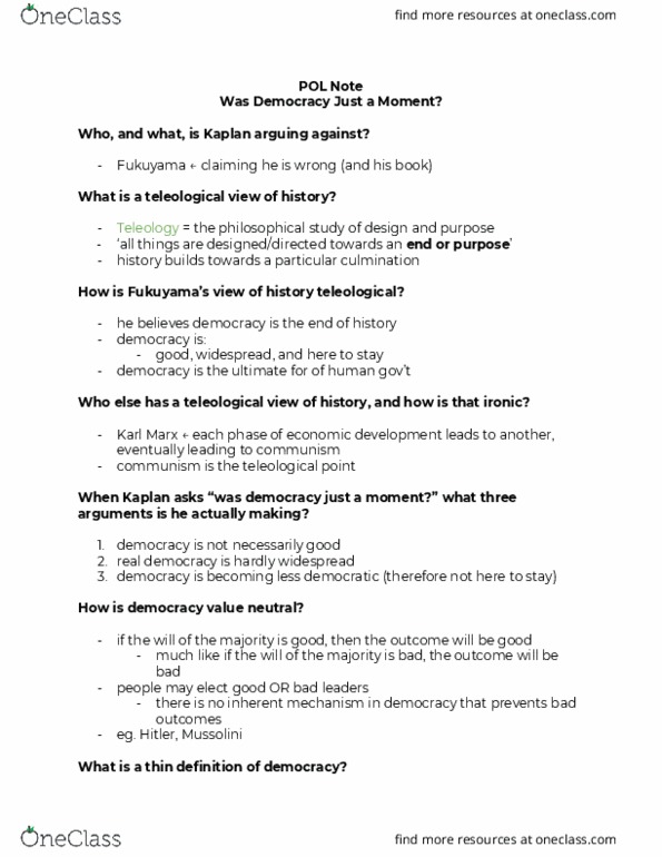 POL101Y1 Lecture Notes - Lecture 2: Types Of Democracy, Teleology, Modernization Theory thumbnail