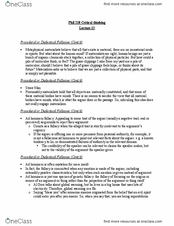 PHIL 210 Lecture Notes - Lecture 13: Ad Hominem, Genetic Fallacy, Logical Reasoning thumbnail
